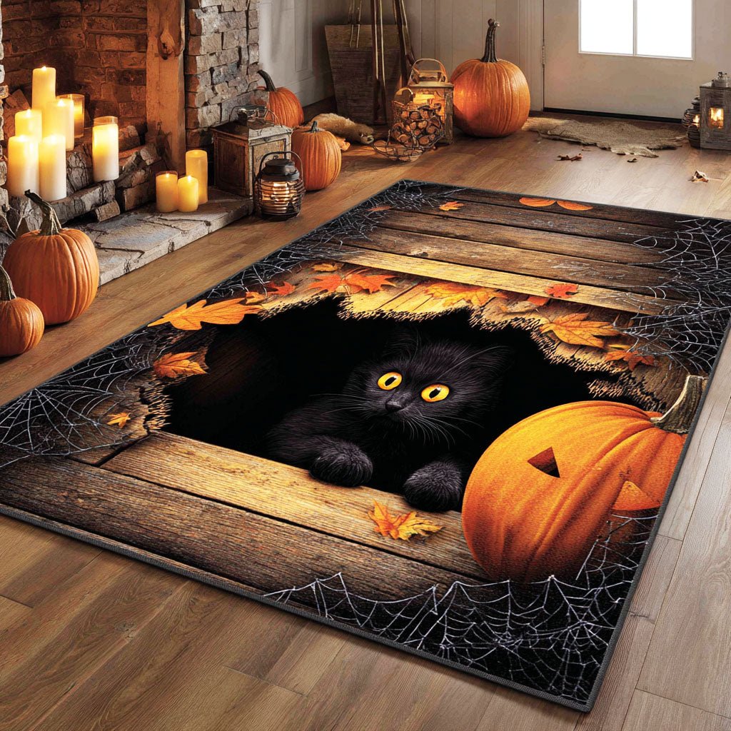 Halloween Hollow Cat Rise Area Rug, Spooky Cat-Themed Seasonal Floor Decor with Anti-Slip Backing for Living Room, Bedroom and Entryway