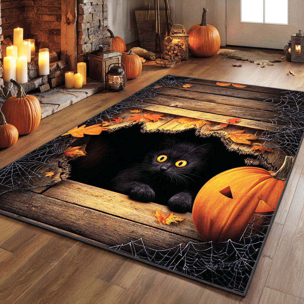Halloween Hollow Cat Rise Area Rug, Spooky Cat-Themed Seasonal Floor Decor with Anti-Slip Backing for Living Room, Bedroom and Entryway