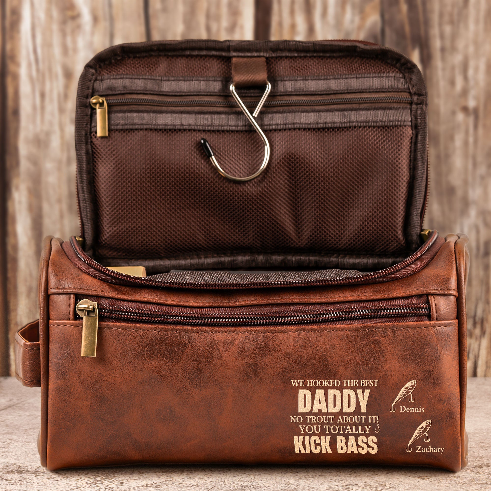 Hooked The Best Dad No Trout You Totally Kick Bass - Personalized Leather Toiletry Bag