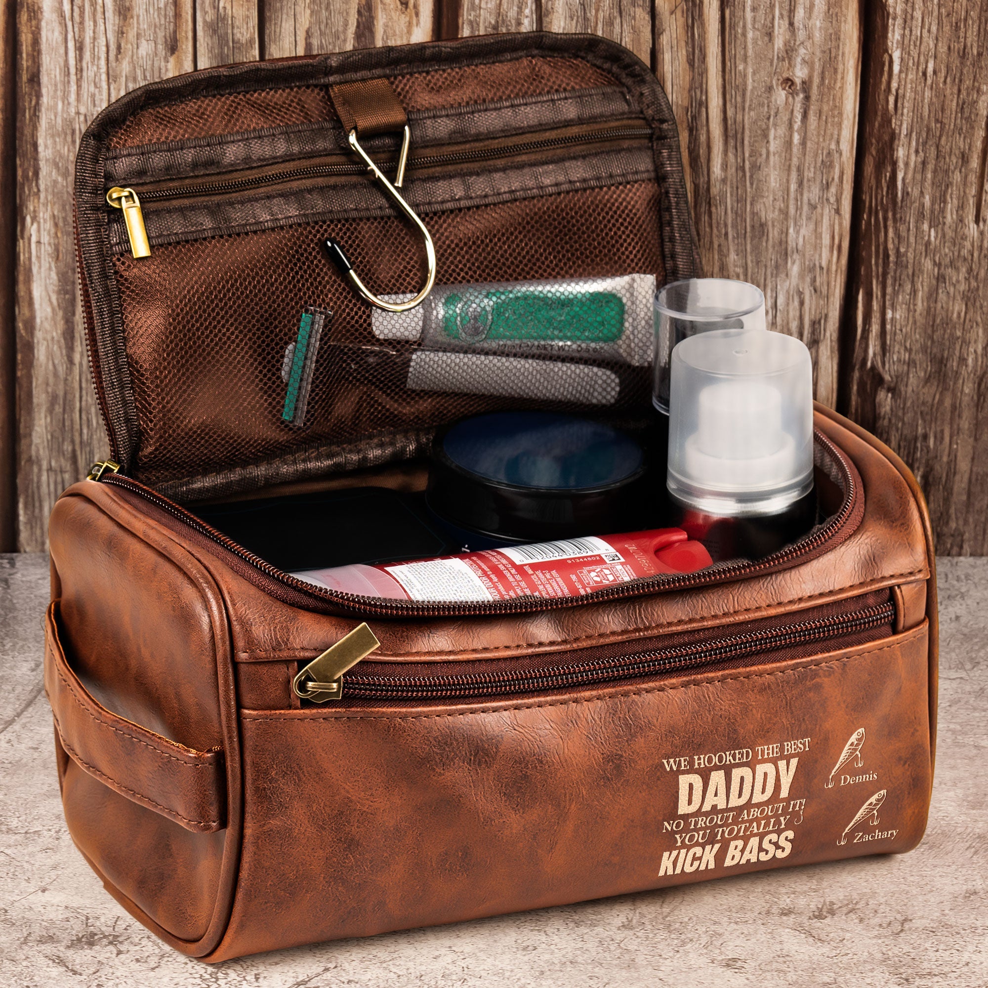Hooked The Best Dad No Trout You Totally Kick Bass - Personalized Leather Toiletry Bag