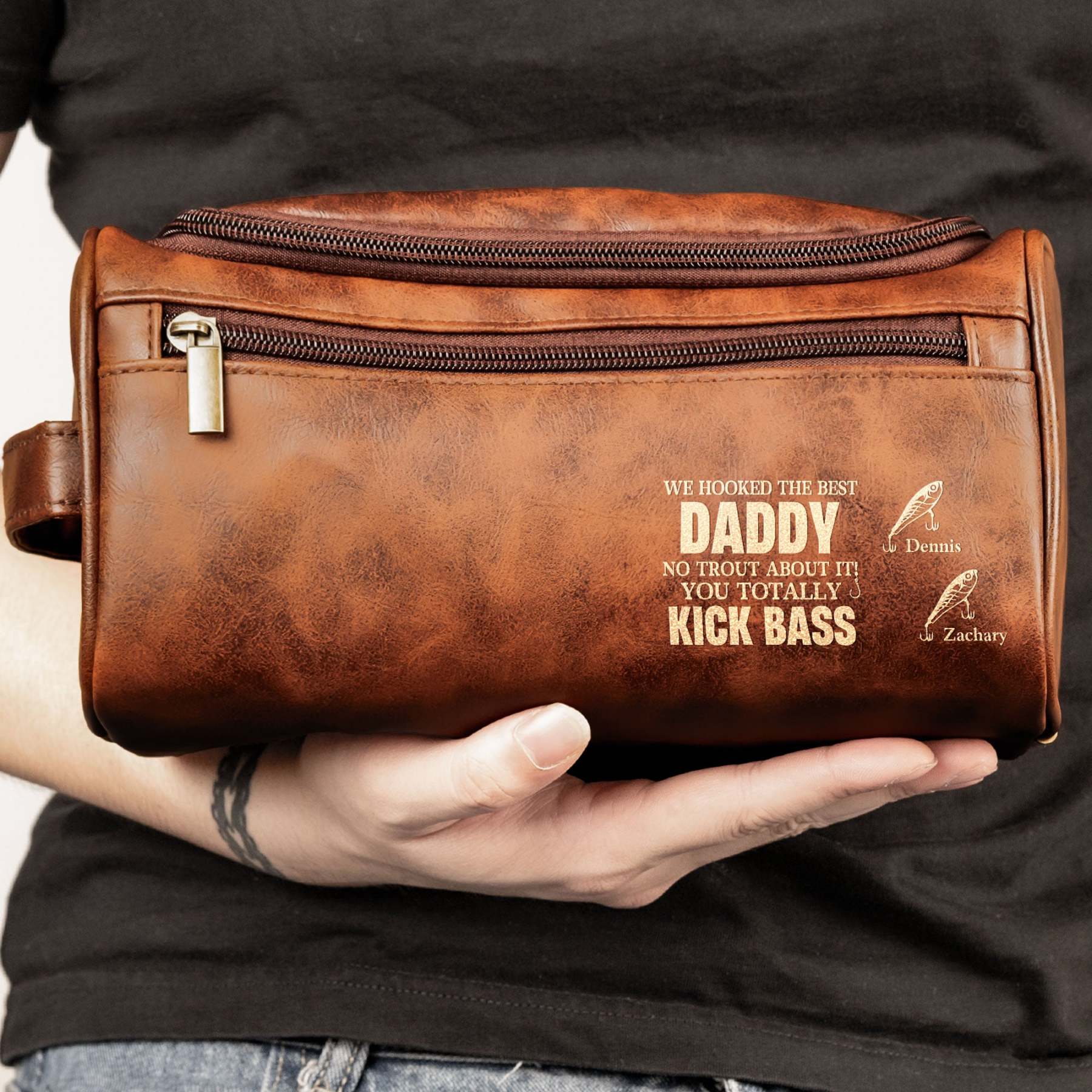 Hooked The Best Dad No Trout You Totally Kick Bass - Personalized Leather Toiletry Bag