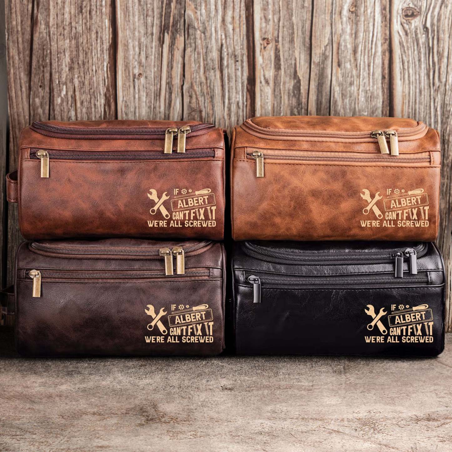 If He Can't Fix It, We'Re All Screwed - For Dad, Husband, Papa - Personalized Leather Toiletry Bag