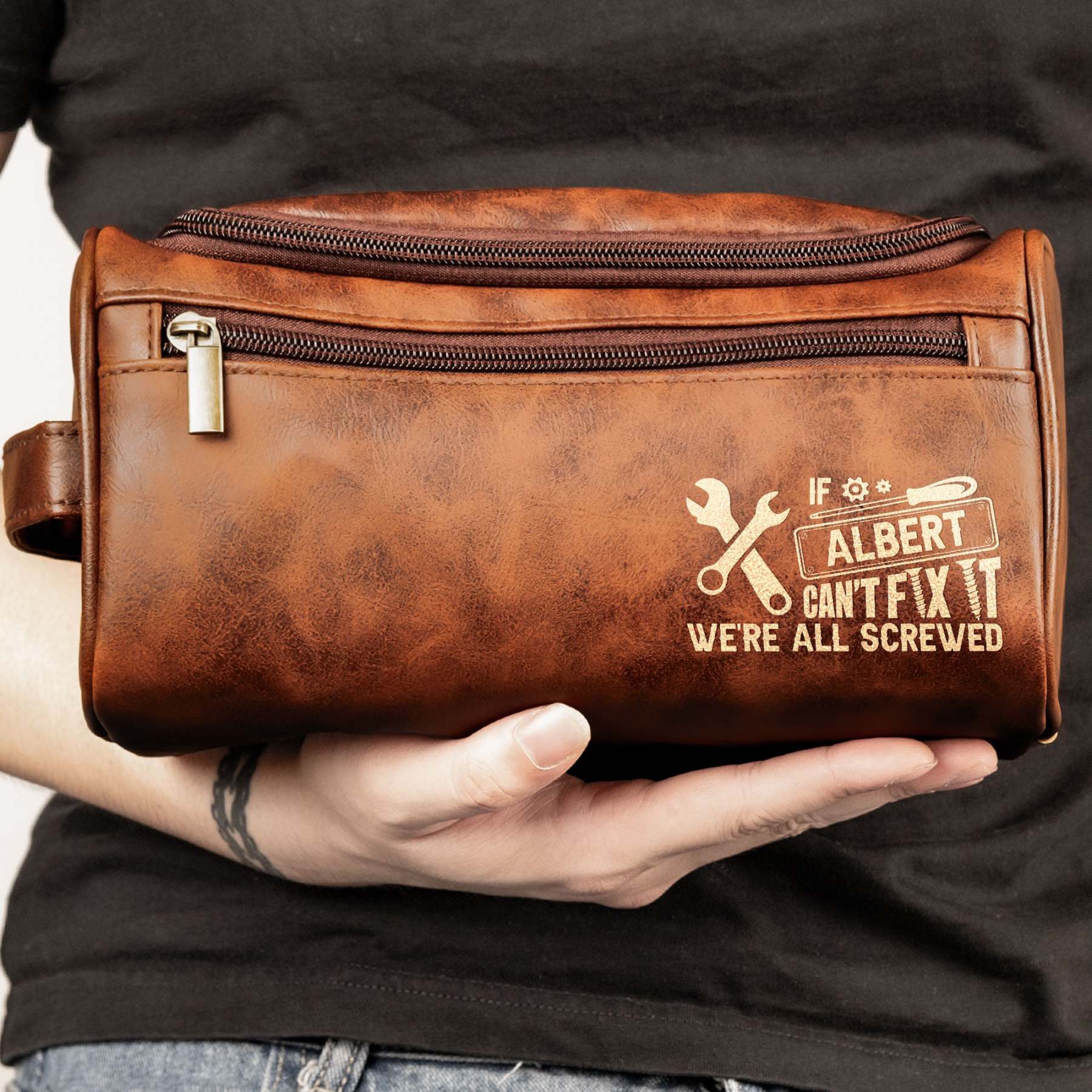 If He Can't Fix It, We'Re All Screwed - For Dad, Husband, Papa - Personalized Leather Toiletry Bag
