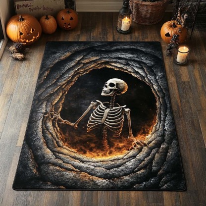 Halloween Inferno Bones Area Rug, Spooky Flaming Skeleton Floor Decor with Anti-Slip Backing for Living Room, Bedroom and Entryway