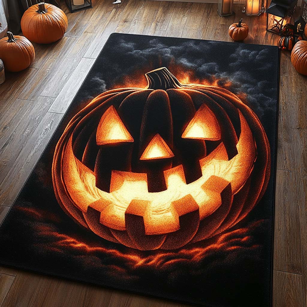 Halloween Jack O’ Abyss Area Rug, Spooky Jack-O’-Lantern Seasonal Floor Decor with Anti-Slip Backing for Living Room, Bedroom and Entryway