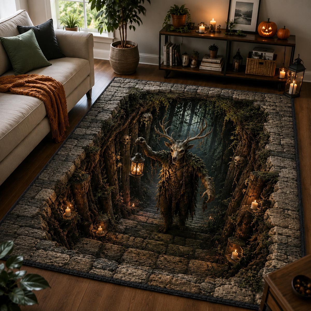 Halloween Lantern Warden Area Rug, Spooky Haunted Lantern Guardian-Themed Floor Decor with Anti-Slip Backing for Living Room, Bedroom and Entryway