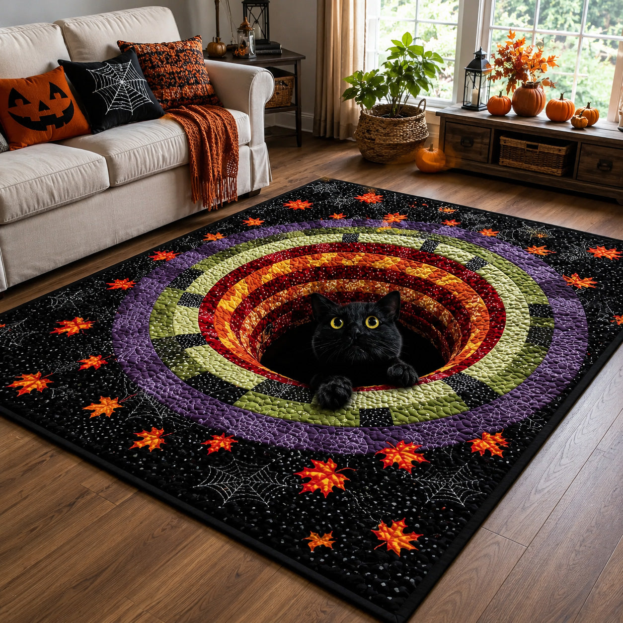 Halloween Midnight Pounce Area Rug, Spooky Black Cat-Themed Seasonal Floor Decor with Anti-Slip Backing for Living Room, Bedroom and Entryway