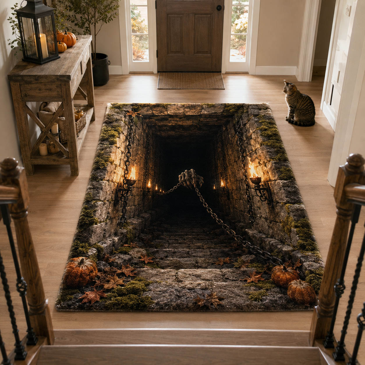 Halloween Mortal Pit Area Rug, Spooky Bottomless Abyss-Themed Floor Decor with Anti-Slip Backing for Living Room, Bedroom and Entryway