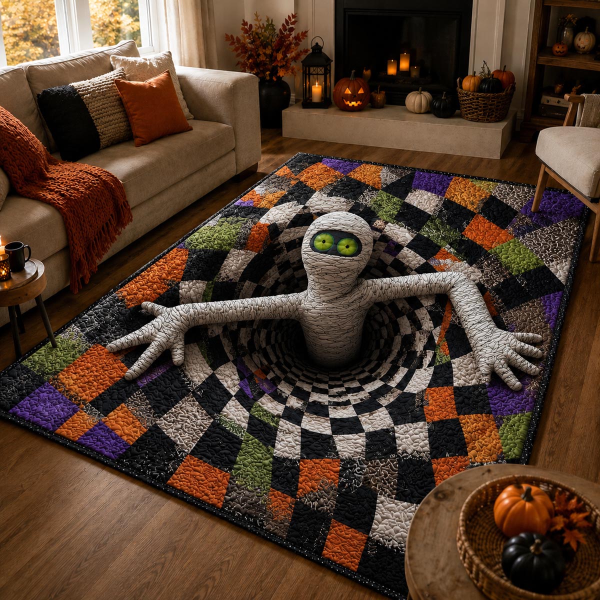 Halloween Mummy Escape Area Rug, Spooky Egyptian Mummy-Themed Floor Decor with Anti-Slip Backing for Living Room, Bedroom and Entryway