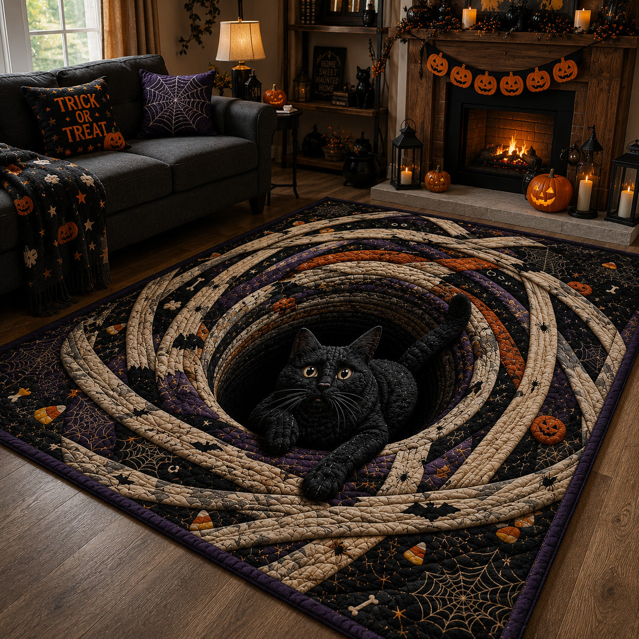 Halloween Mummy Whiskers Area Rug, Spooky Mummy Cat-Themed Seasonal Floor Decor with Anti-Slip Backing for Living Room, Bedroom and Entryway