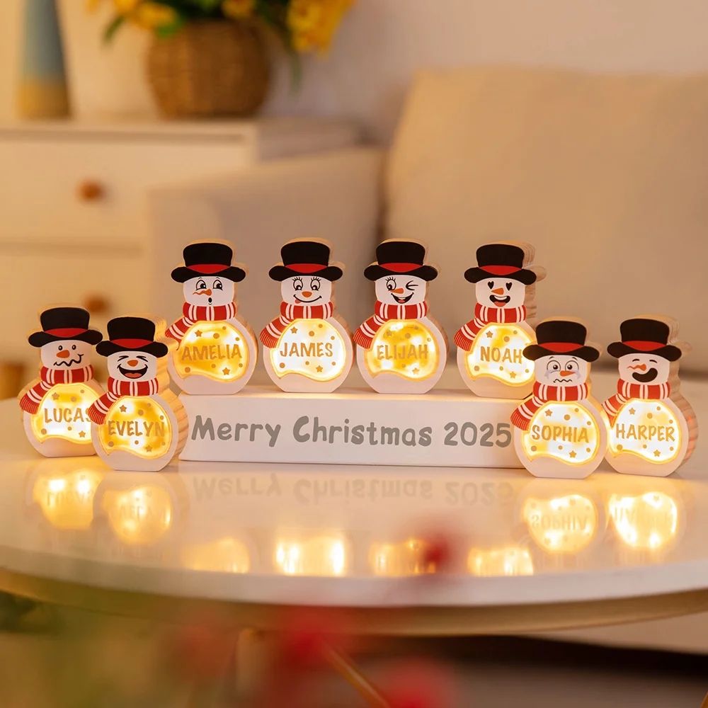 Personalized Snowman Wooden Decoration with LED Light Tabletop Winter Name Block Sign Holiday Party Supplies Christmas Gift for Family Kids