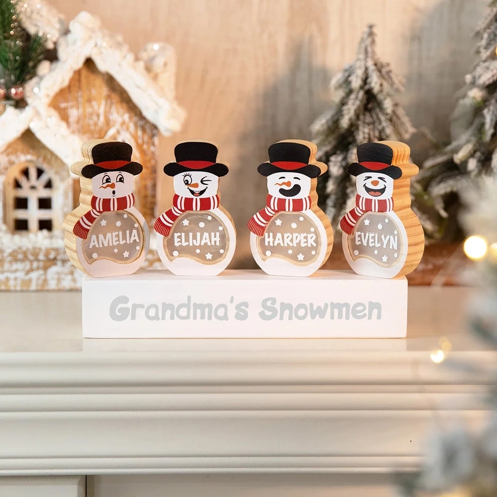 Personalized Snowman Wooden Decoration with LED Light Tabletop Winter Name Block Sign Holiday Party Supplies Christmas Gift for Family Kids
