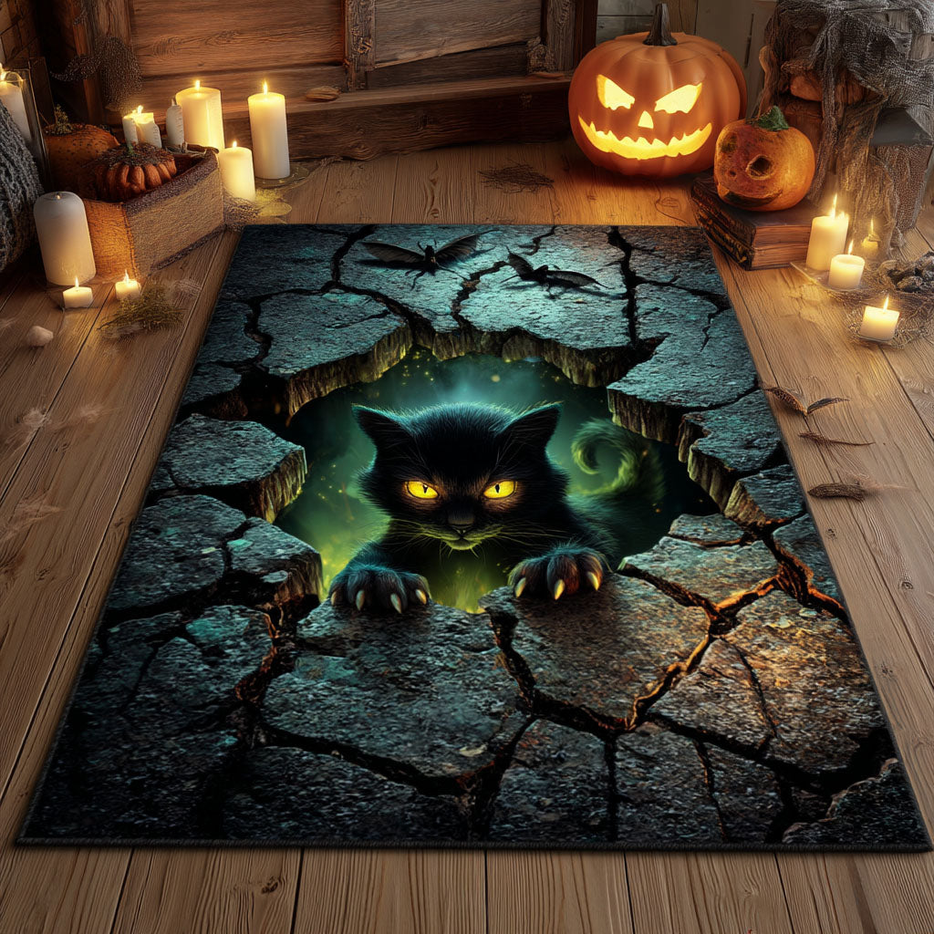 Halloween Phantom Black Cat Area Rug, Spooky Ghost Cat Seasonal Floor Decor with Anti-Slip Backing for Living Room, Bedroom and Entryway