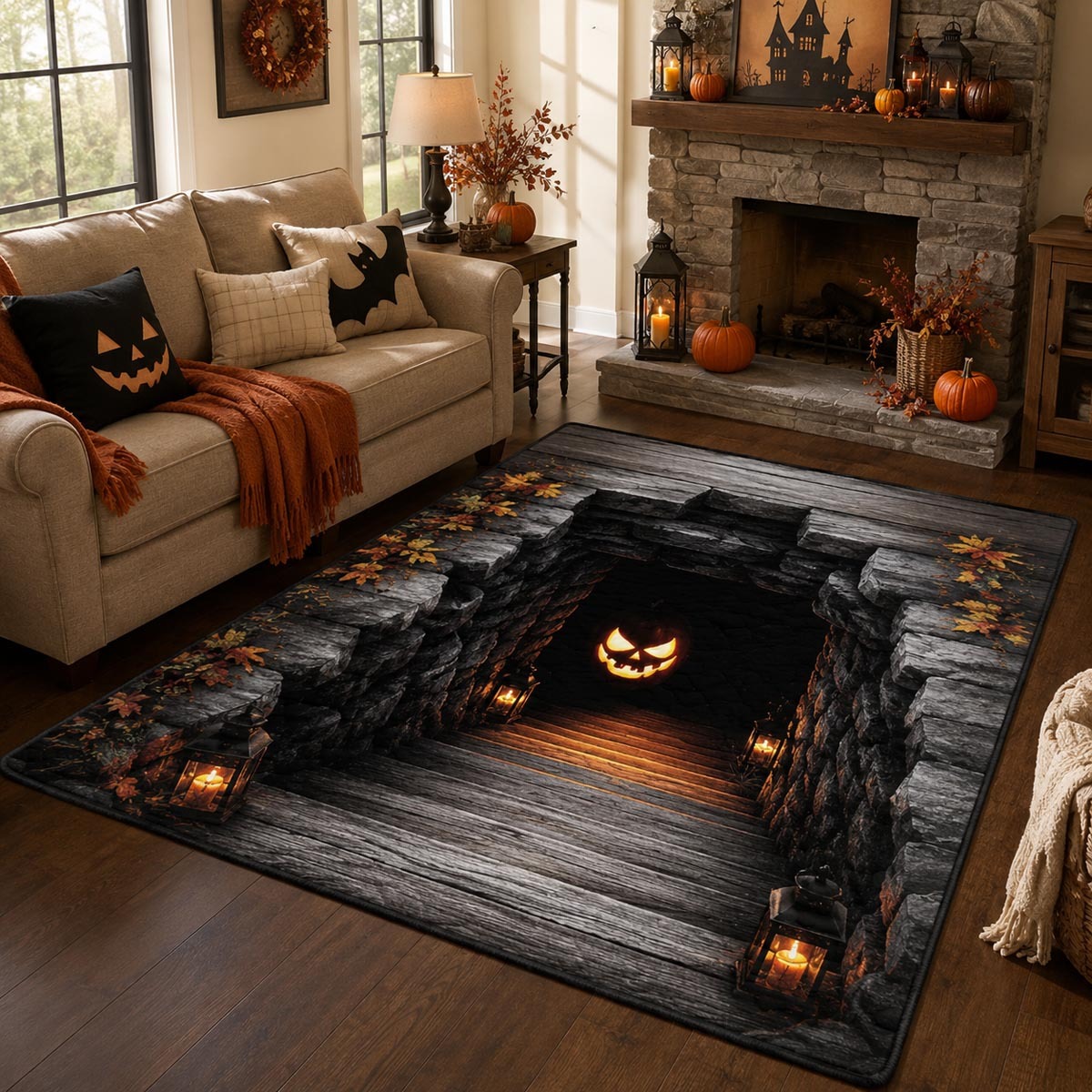 Halloween Pumpkin Passage Area Rug, Spooky Jack-O’-Lantern Hallway Floor Decor with Anti-Slip Backing for Living Room, Bedroom and Entryway