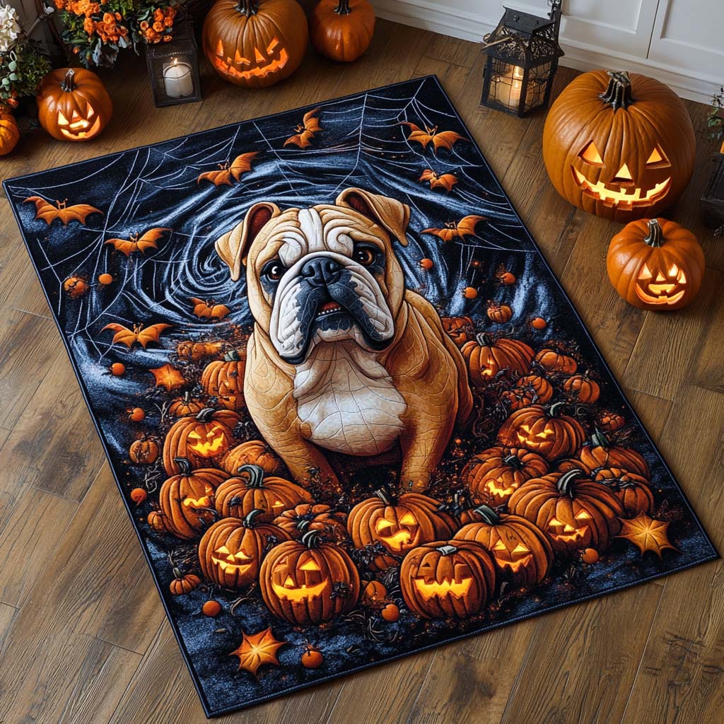 Cozy Pumpkin Patch Bulldog Rug for Halloween Decor