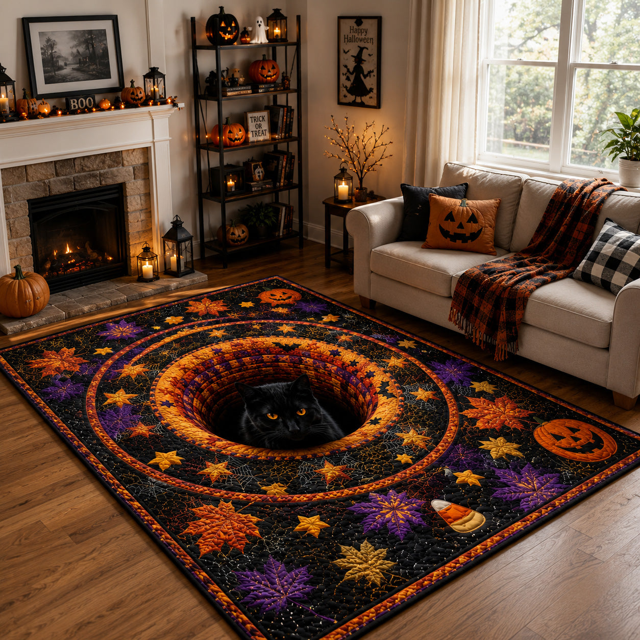 Halloween Pumpkin Portal Area Rug, Spooky Jack-O’-Lantern Gateway Floor Decor with Anti-Slip Backing for Living Room, Bedroom and Entryway