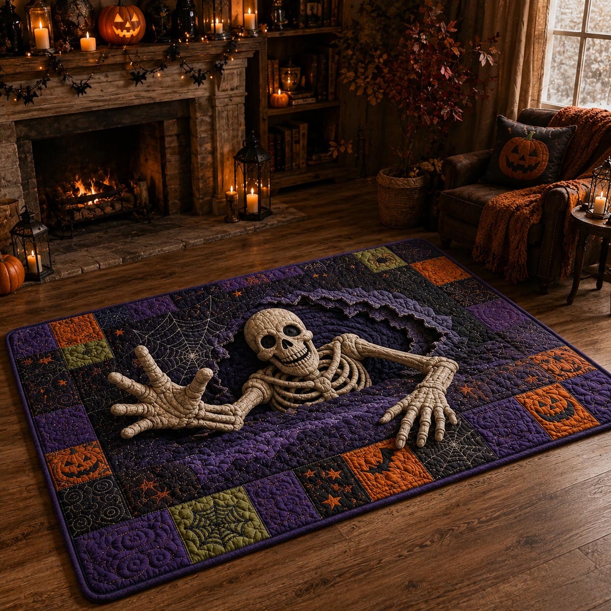Halloween Skeleton Breakout Area Rug, Spooky Skeleton Escape-Themed Floor Decor with Anti-Slip Backing for Living Room, Bedroom and Entryway