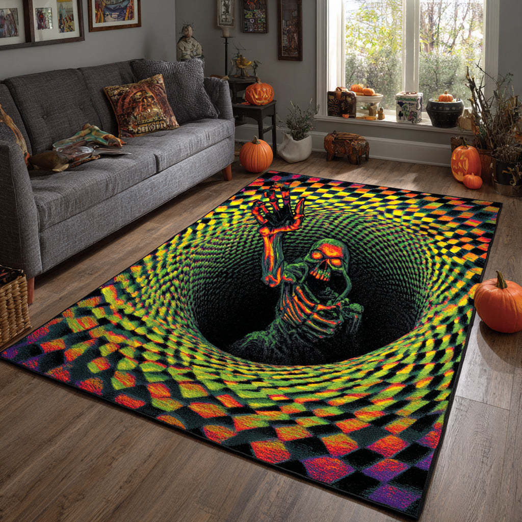 Halloween Skeleton Escape Area Rug, Spooky Skeleton-Themed Seasonal Floor Decor with Anti-Slip Backing for Living Room, Bedroom and Entryway