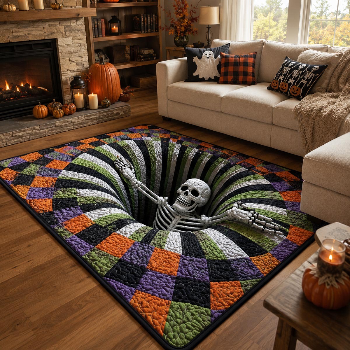 Halloween Skeleton Vortex Area Rug, Spooky Skeleton Portal-Themed Floor Decor with Anti-Slip Backing for Living Room, Bedroom and Entryway