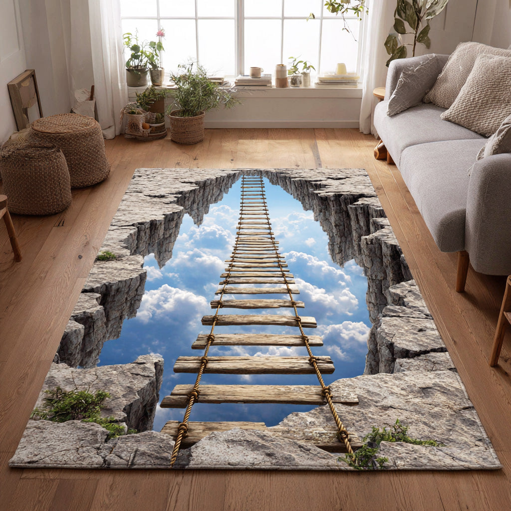 Halloween Skywalk Rift Area Rug, Spooky Fantasy Chasm-Themed Floor Decor with Anti-Slip Backing for Living Room, Bedroom and Entryway