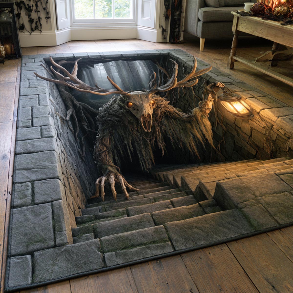 Halloween Stag Guardian Area Rug, Spooky Forest Deer Sentinel-Themed Floor Decor with Anti-Slip Backing for Living Room, Bedroom and Entryway