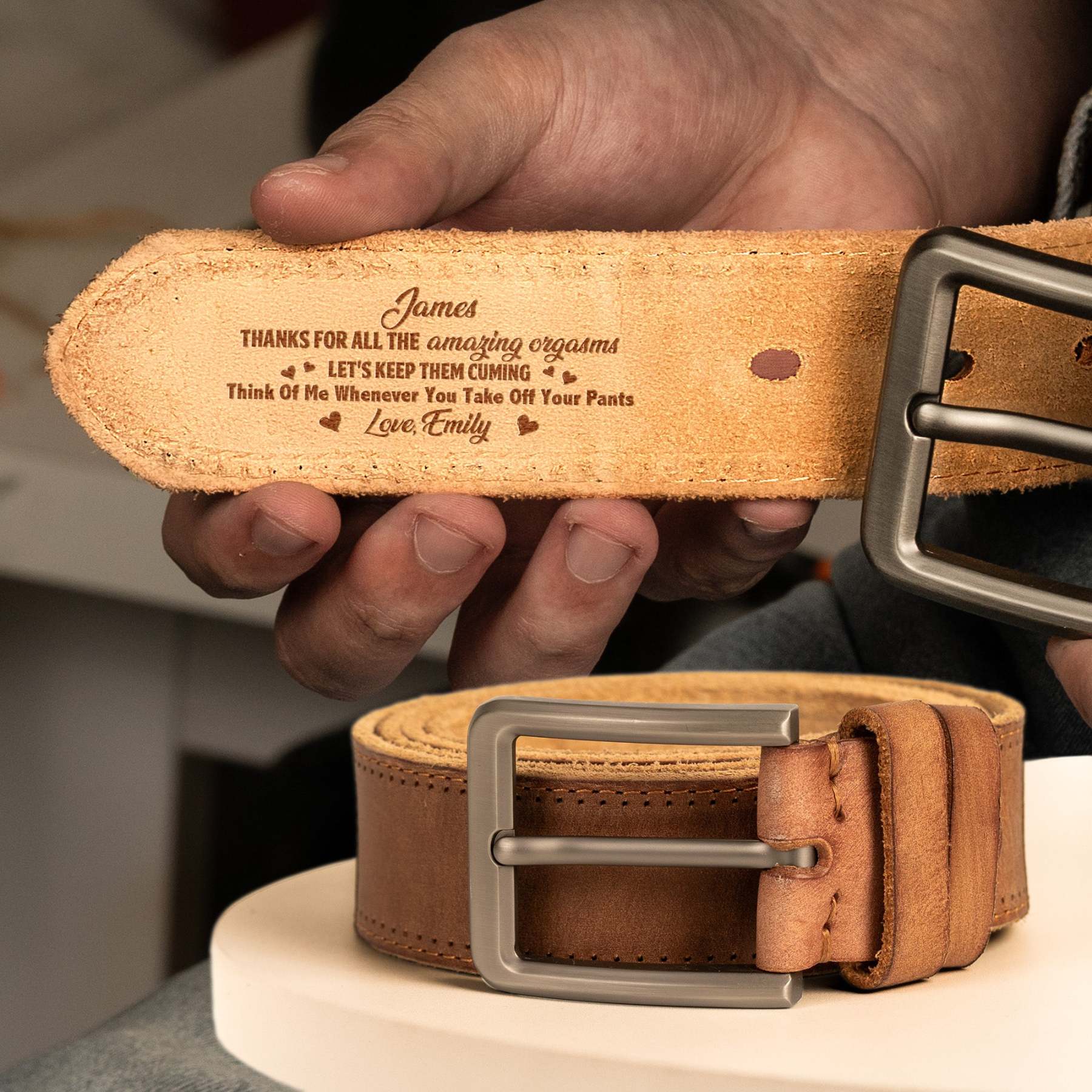 Thanks For All The Amazing Orgasms - Personalized Cowhide Belt