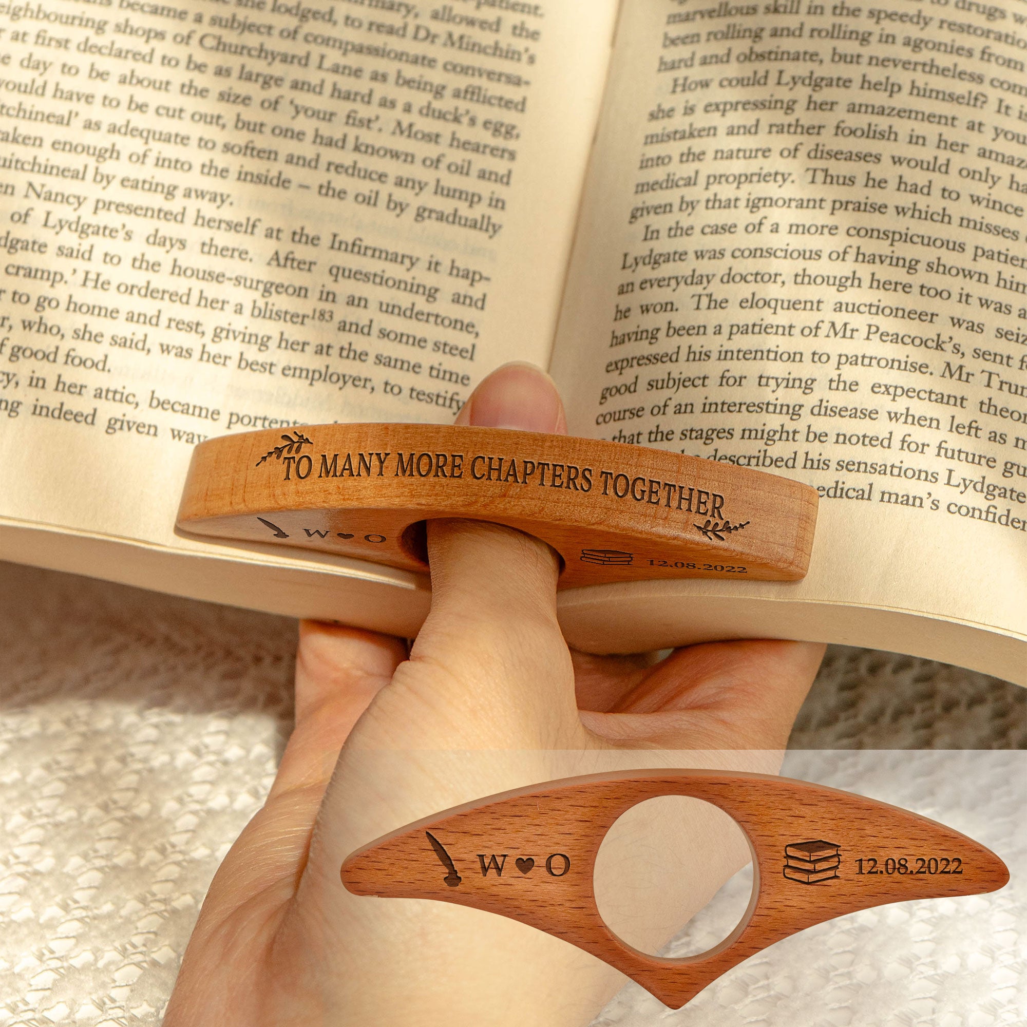 Personalized Walnut Book Page Holder, Custom Name Wooden Thumb Page Spreader, Perfect Book Lover Gift for Birthday or Anniversary To Many More Chapters Together 