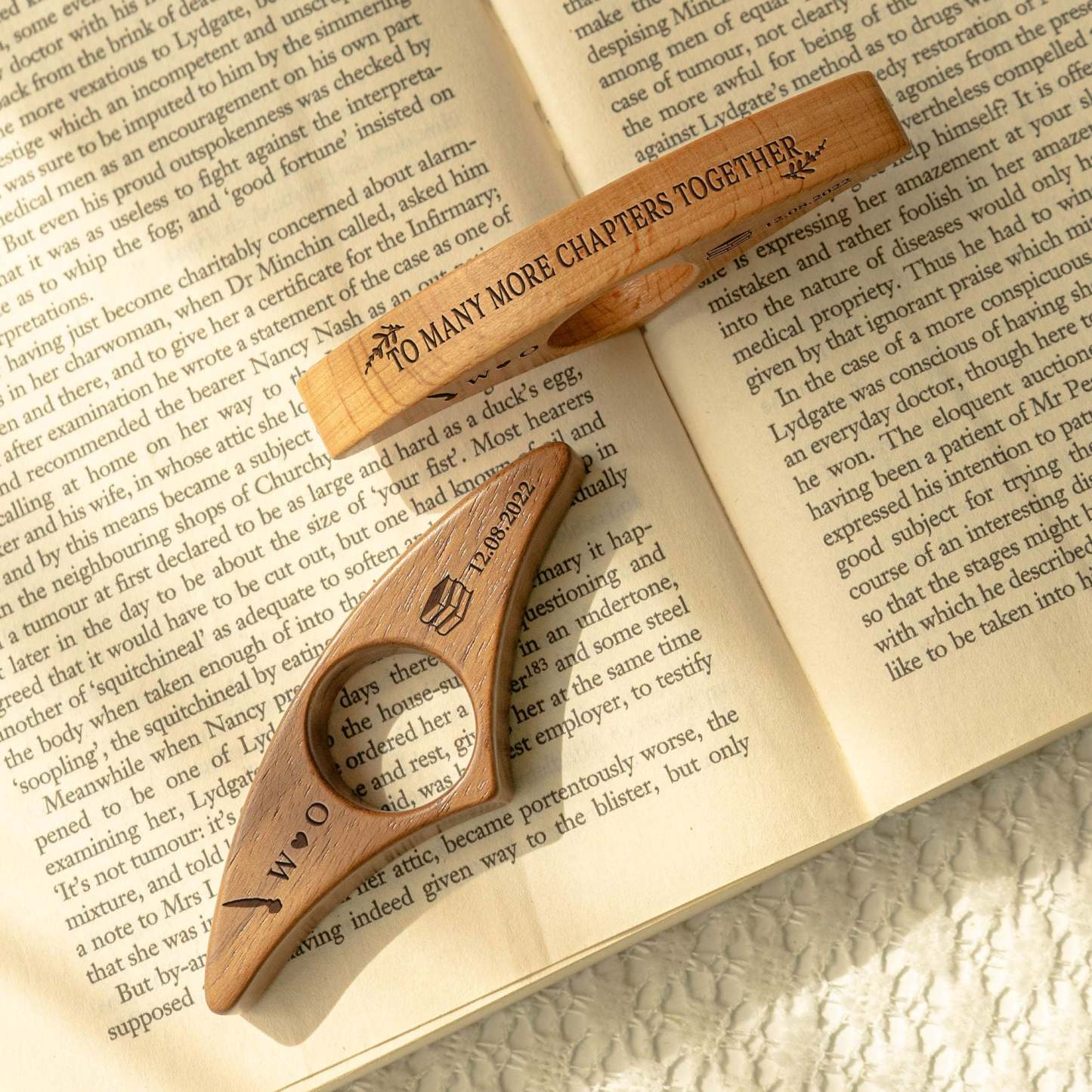 Personalized Walnut Book Page Holder, Custom Name Wooden Thumb Page Spreader, Perfect Book Lover Gift for Birthday or Anniversary To Many More Chapters Together 