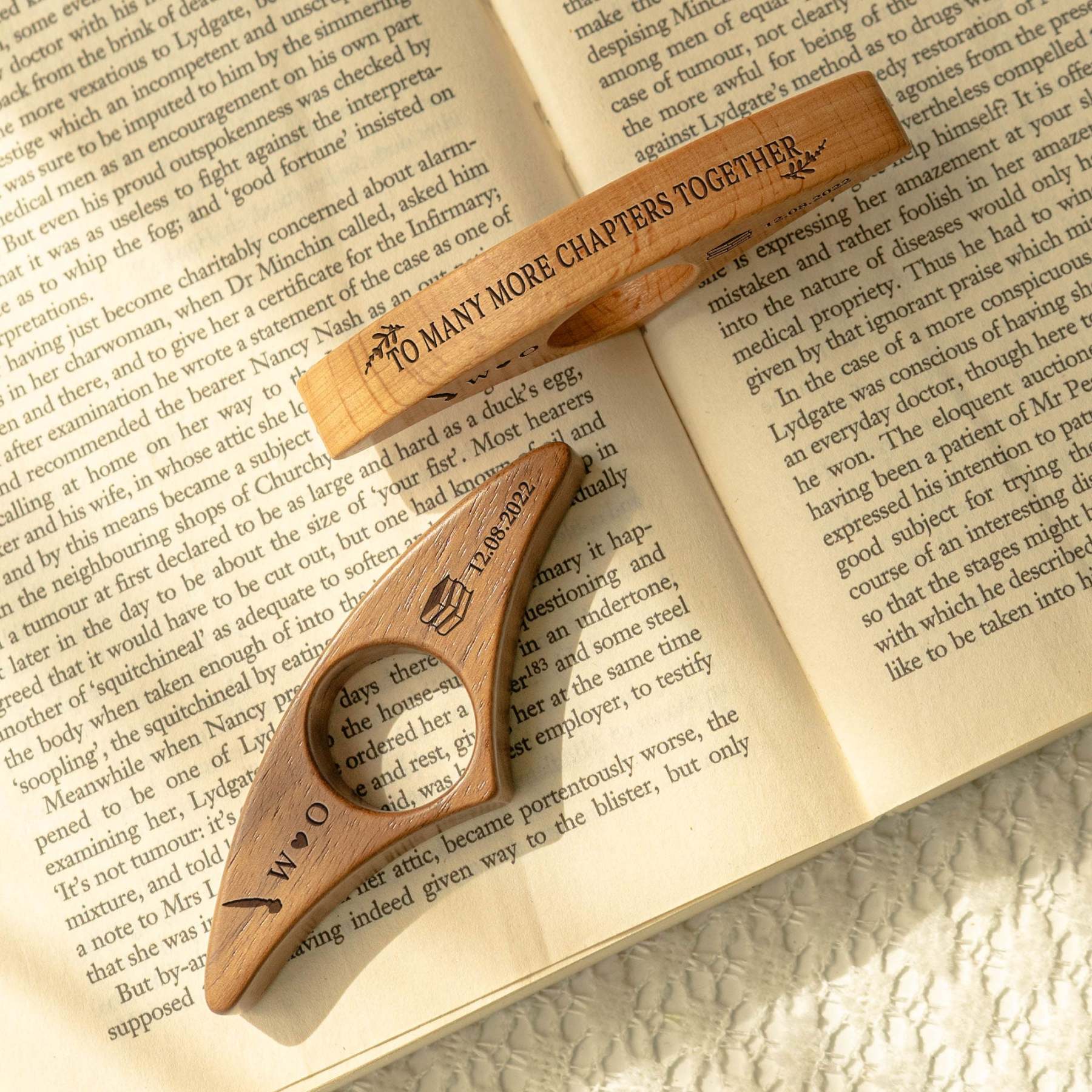 Personalized Walnut Book Page Holder, Custom Name Wooden Thumb Page Spreader, Perfect Book Lover Gift for Birthday or Anniversary To Many More Chapters Together 
