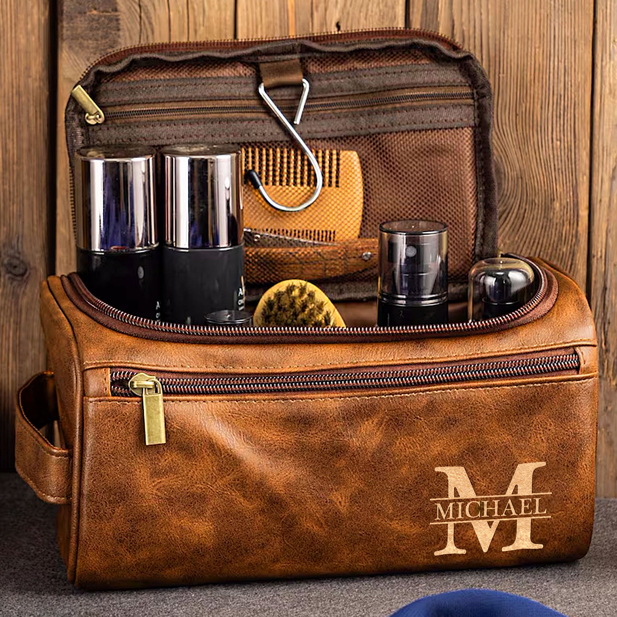 Vintage Monogram - Personalized Leather Toiletry Bag