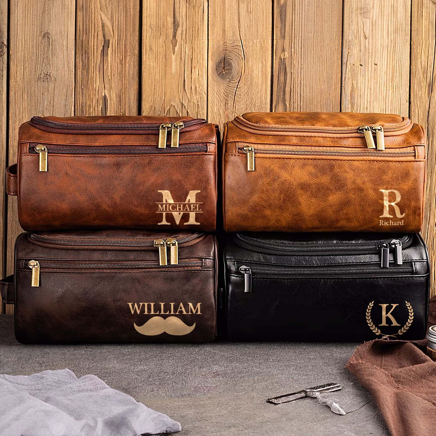 Vintage Monogram - Personalized Leather Toiletry Bag