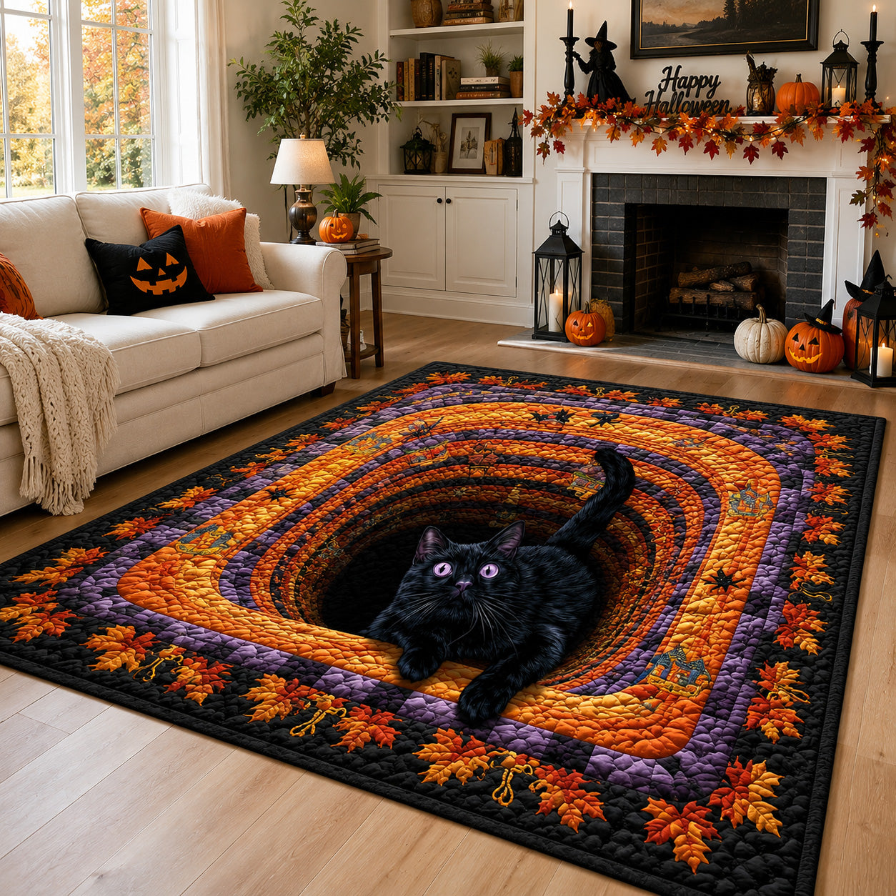 Halloween Witchlight Whiskers Area Rug, Spooky Witch Cat-Themed Seasonal Floor Decor with Anti-Slip Backing for Living Room, Bedroom and Entryway