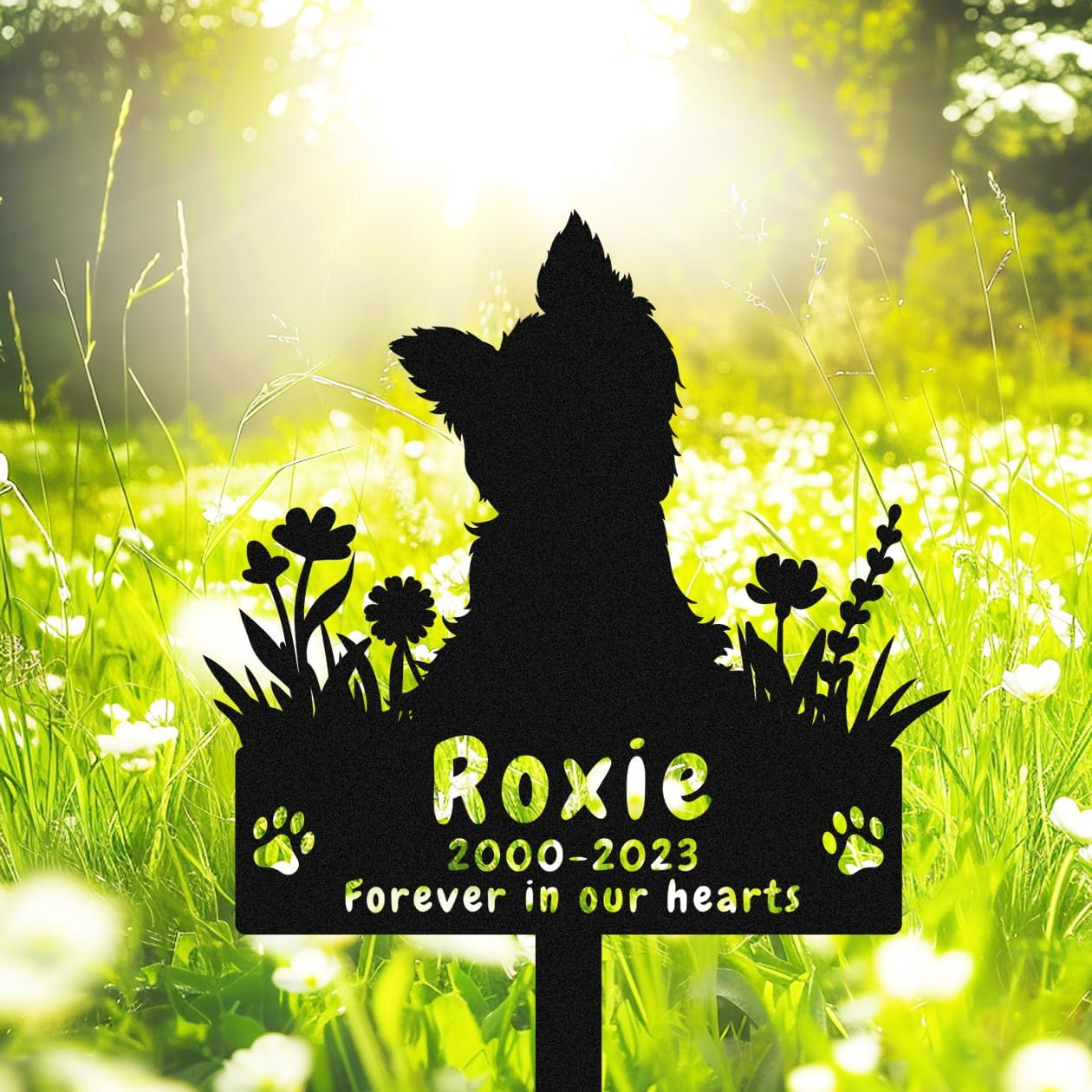 Personalized Yorkshire Terrier Dog Memorial Stake Grave Marker, Custom Dog Yorkshire Terrier Memorial Grave Marker Garden Stake, Metal Flowers Dog Memorial Yard Garden Sign with Stake