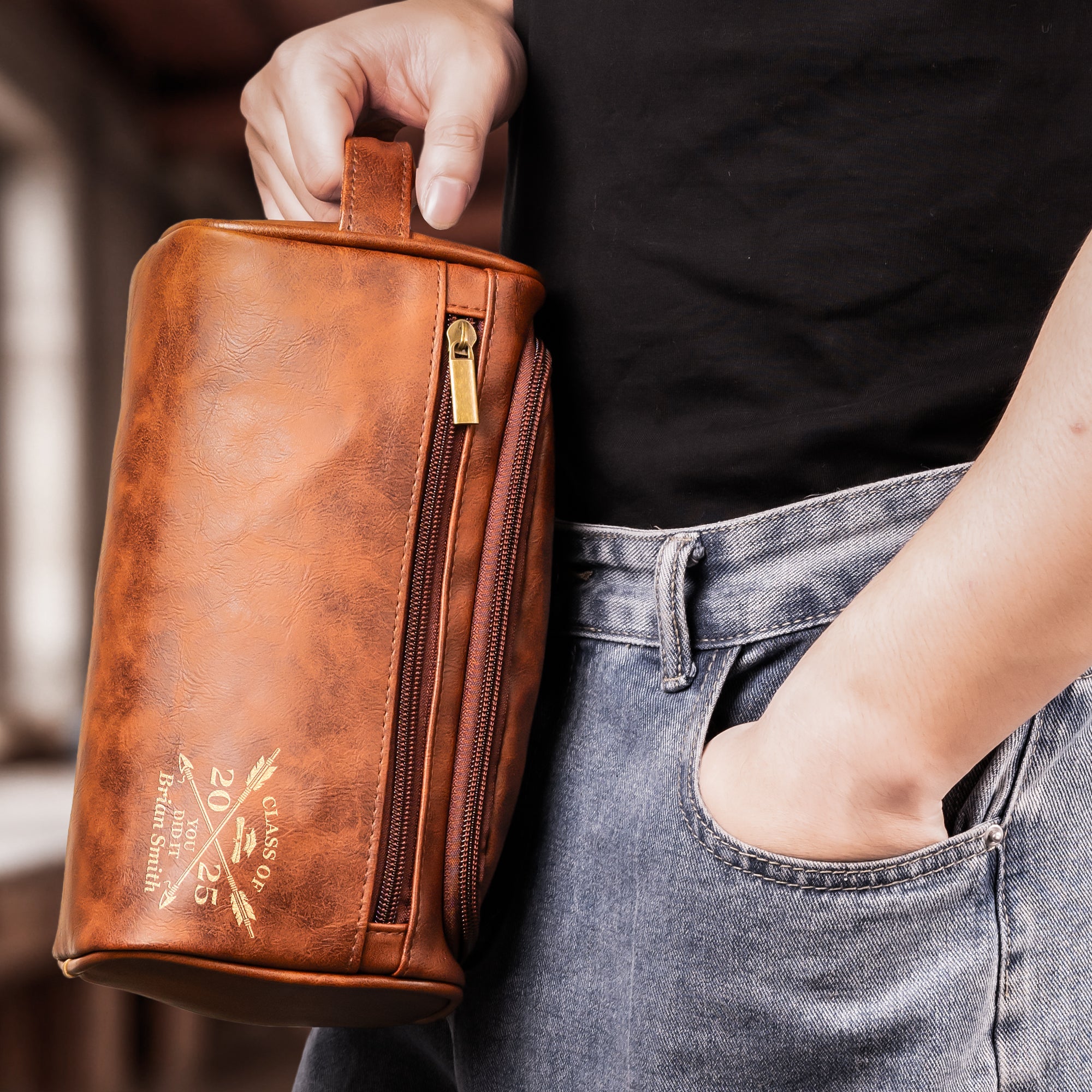 You Did It - Graduation Gift For Him - Personalized Leather Toiletry Bag