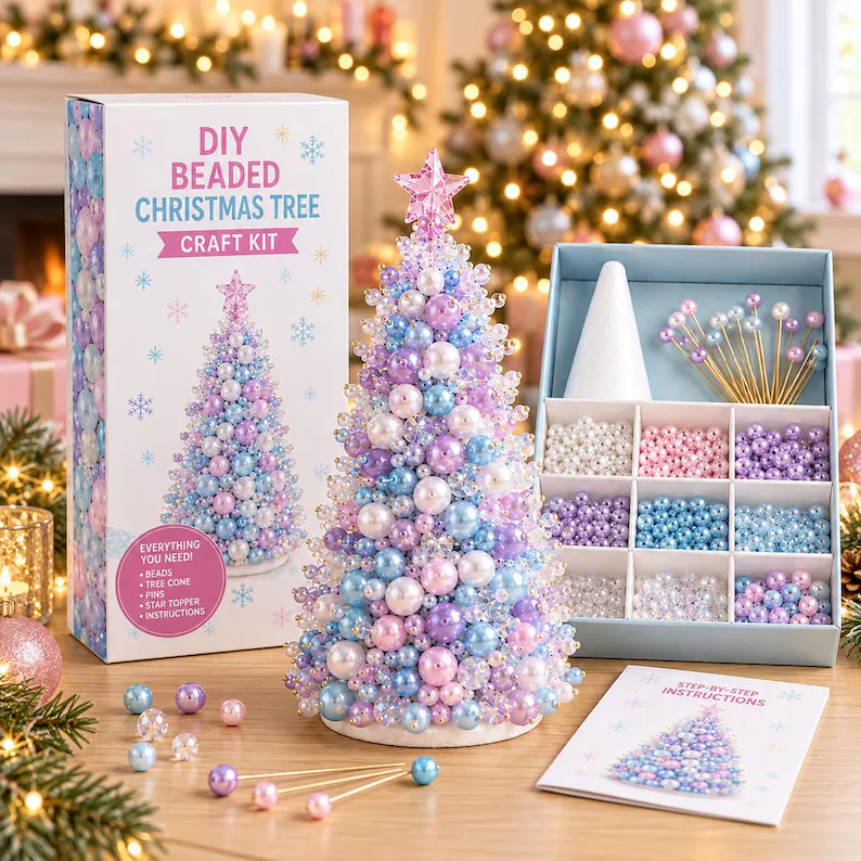 DIY Beaded Christmas Tree Craft Kit, Green Pearl Holiday Decor (Material Kit)