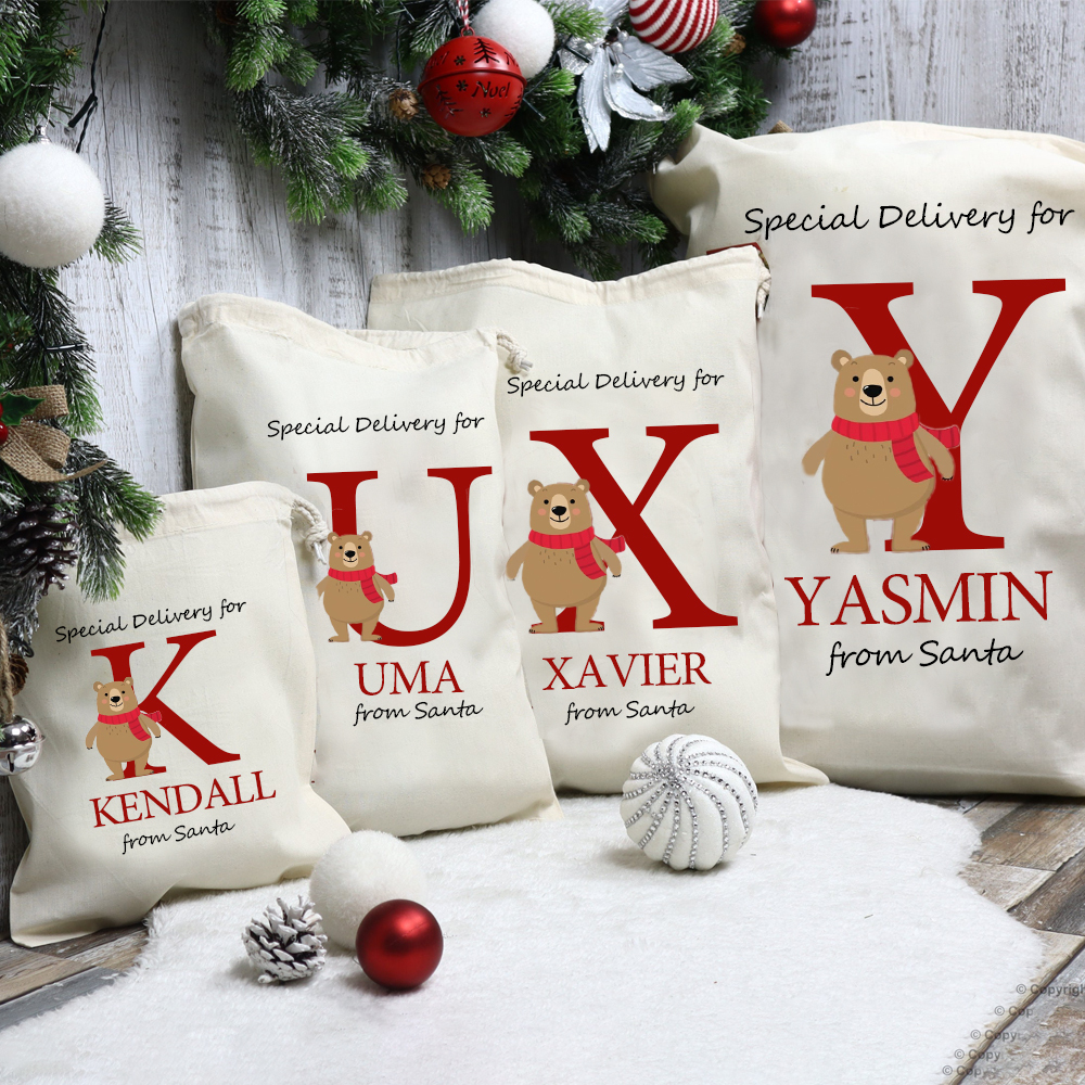 Personalized Christmas Santa Sack with Name & Initial, Custom Cotton Gift Bag with Santa Claus, Holiday Gift Sack
