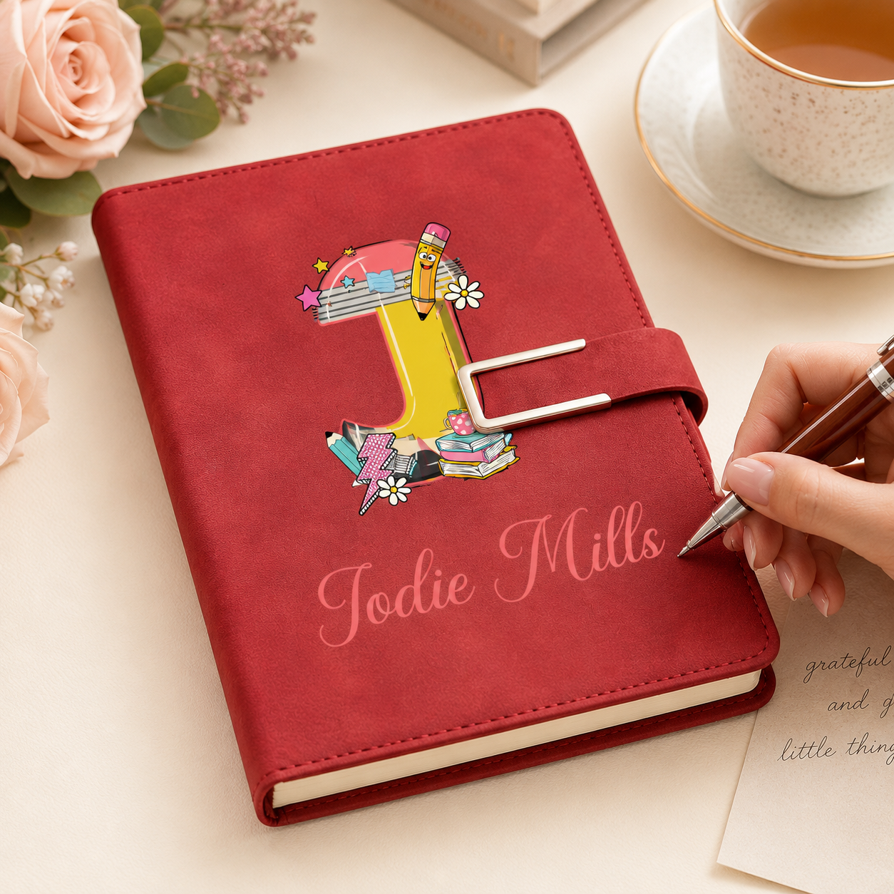Personalized Yellow Pencil Initial PU Leather A5 Notebook and Pen Set with Name Back to School Teacher's Day Gift for Teacher