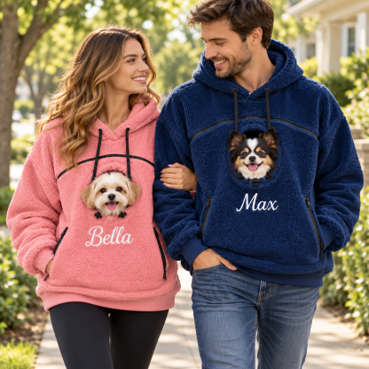 Custom Name Pet Pouch Sweatshirt | Warm Unisex Fleece Carrier Hoodie for Small Dogs & Cats