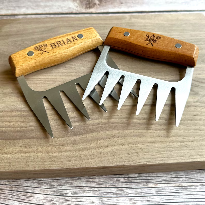 Personalized BBQ Meat Claw Shredders Wooden Barbeque Meat Claws Stainless Steel Tools BBQ Meat Lovers Gift Set of 2 Meat Claws Gift for Him
