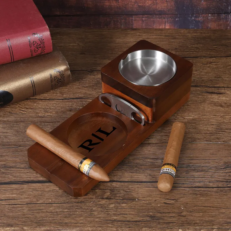 [Copy]Personalized Whiskey & Cigar Tray Glass Holder Ashtray Whiskey, 2 in 1 Wooden Cigar Ashtray With Whiskey Glass Holder, Great Gifts for Men