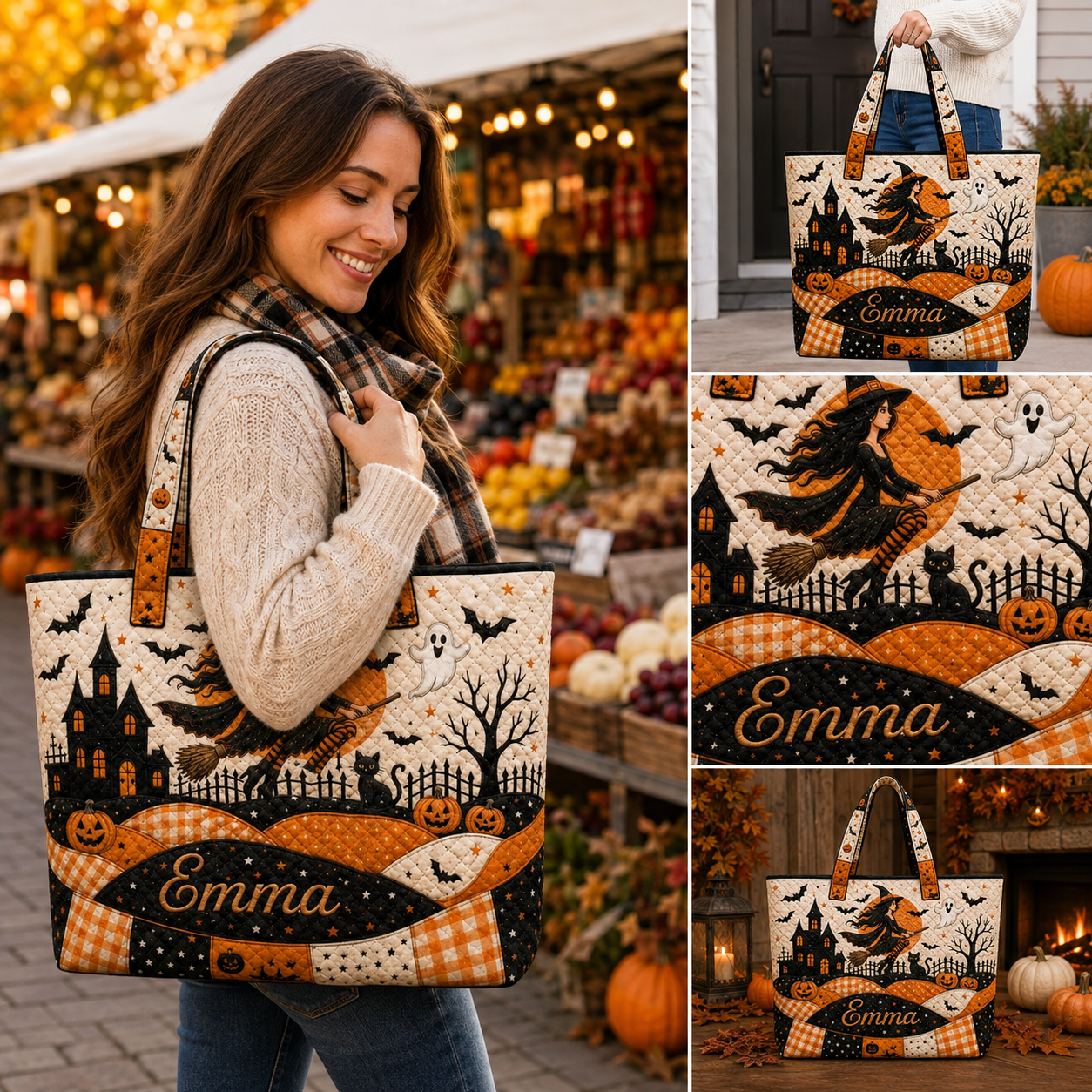 Personalized Halloween Quilted Handbag, Custom Name Witch Tote Bag, Haunted House Pumpkin Bag, Spooky Fall Shoulder Bag, Halloween Gift
