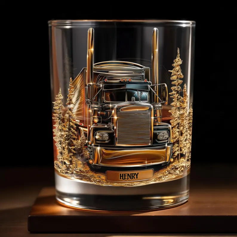 Personalized Trucker Whiskey Glass 2d Flat, Custom Semi Truck Bourbon Glass, Truck Driver Gift for Men, Long Haul Driver Rocks Glass