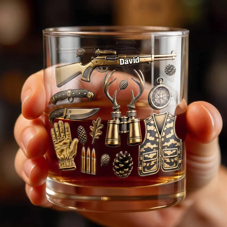 Custom Deer Hunter Whiskey Glass 2D Flat, Personalized Hunting Bourbon Tumbler, Outdoorsman Gift for Men Dad Grandpa with Name