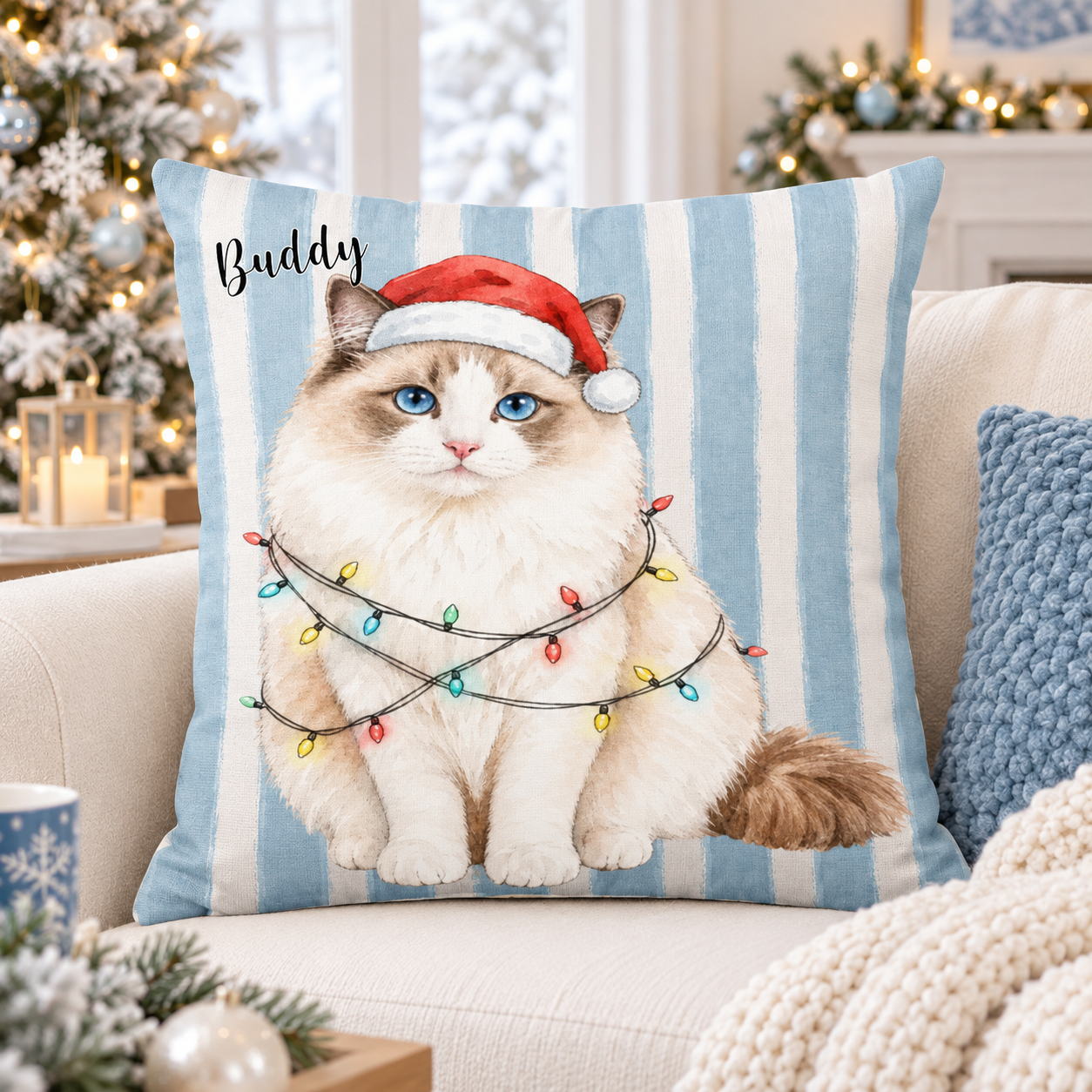 Custom Pet Photo Watercolor Art Christmas Winter Decor Gift - Personalized Pillow