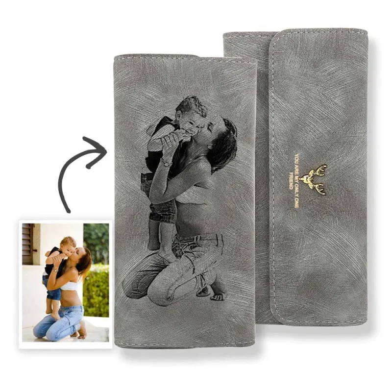 Personalized Wallets Women's Custom Photo Wallet Gift For Her - Grey Leather