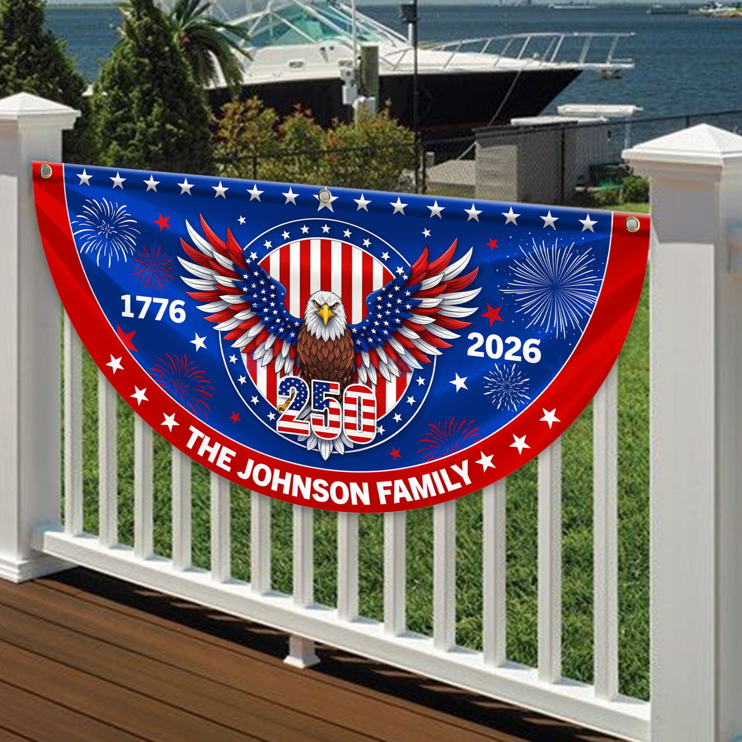 Personalized America 250th Anniversary Bunting Flag Personalized Family Name 1776-2026 250 Years Birthday America Non-Pleated Fan Flag