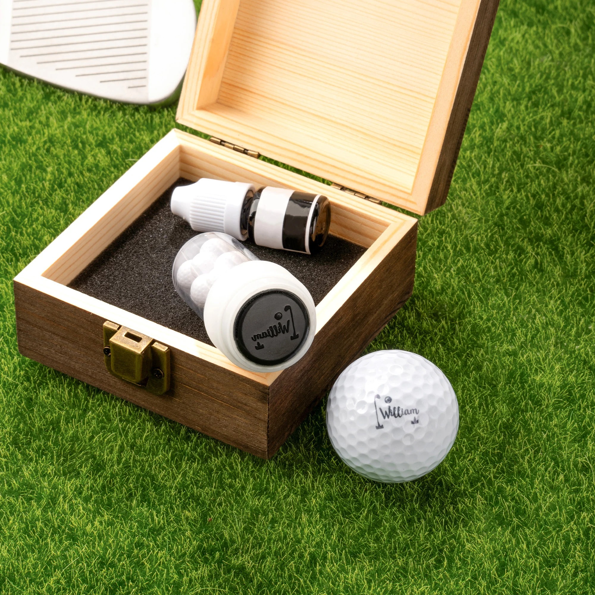 Personalized Name Initial Monogram Golf Ball Stamp and Wooden Storage Box Golf Course Accessory Birthday Sports Gift for Golf Players Lovers