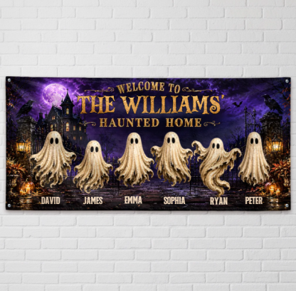 Custom Haunted Home Outdoor Banner - Personalized Halloween Decor Gifts For Mom, Dad, Brother, Sister - Beware Of Our House