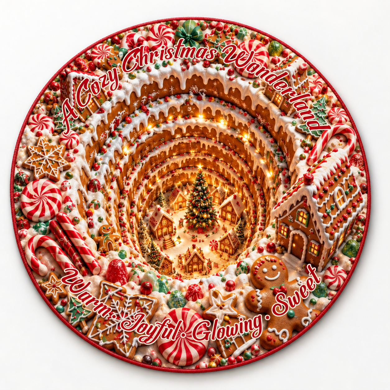 Christmas 3D Vortex Optical Illusion Round Rug Non-Slip Decorative Floor Mat, Winter Snow Forest Deer Snowman Vintage Red Truck Cabin Wreath Pattern, Indoor Holiday Home Decor Gift For Family, Christmas Enthusiasts