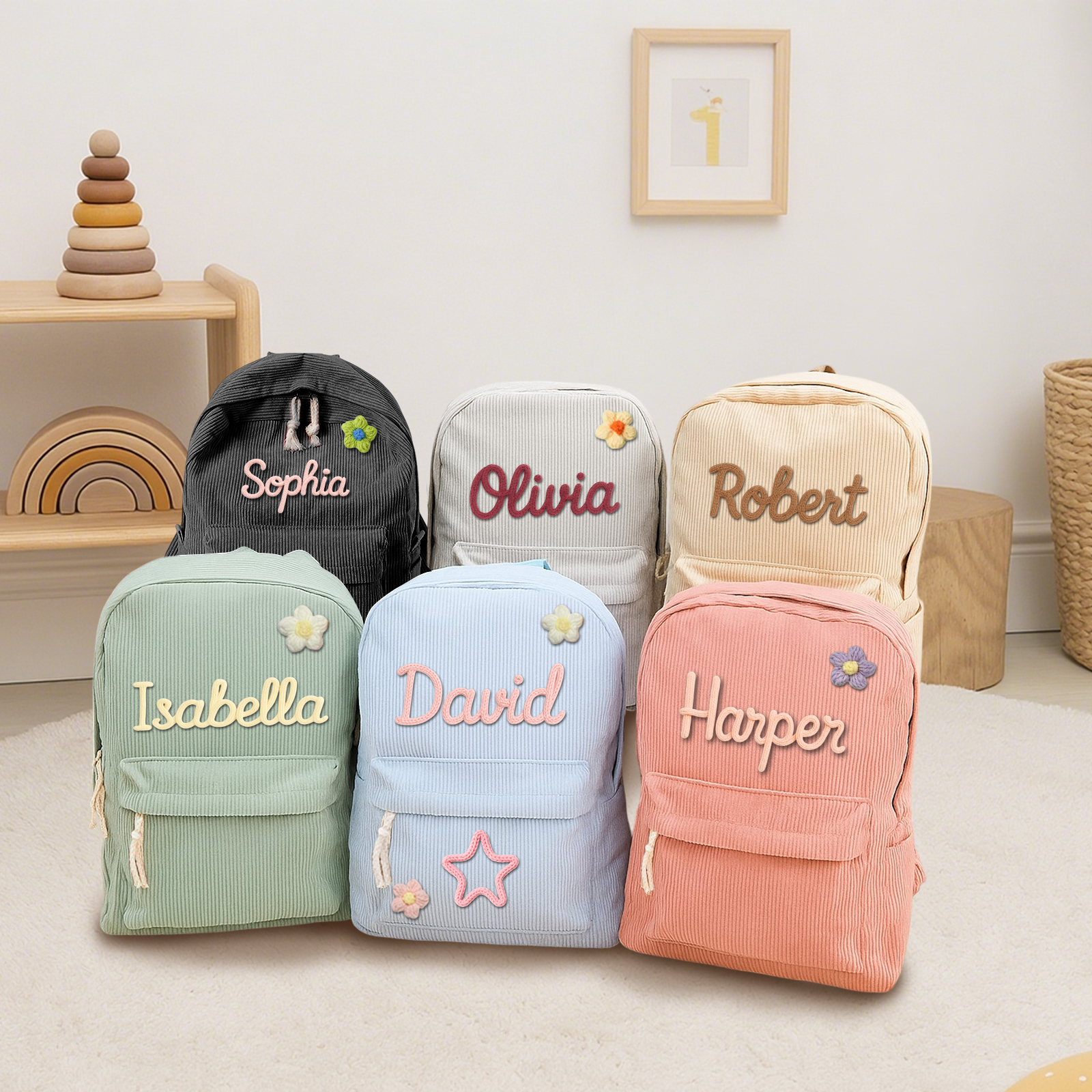 Personalized Backpack Braided Flower Rainbow Name Corduroy Backpack Birthday Gift Custom Toddler School Bag
